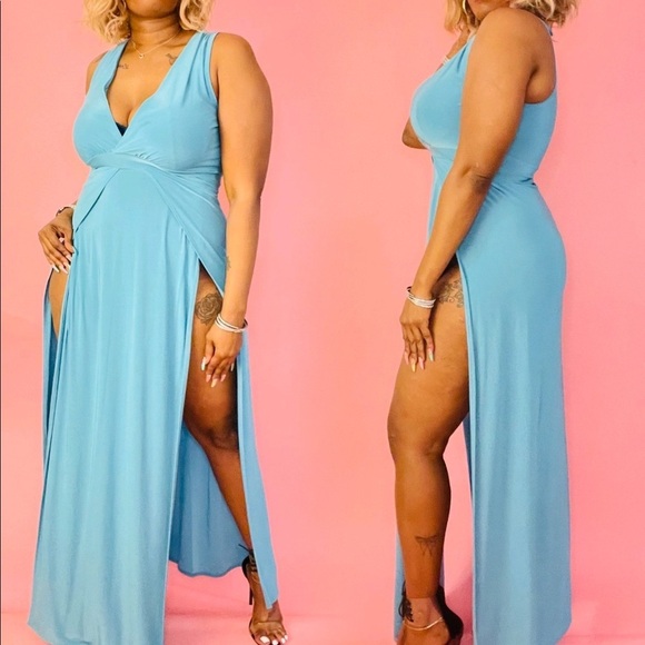 NEW TRENDY TEAL V NECK TANK TOP DOUBLE HIGH SLIT MAXI DRESS - Picture 3 of 8